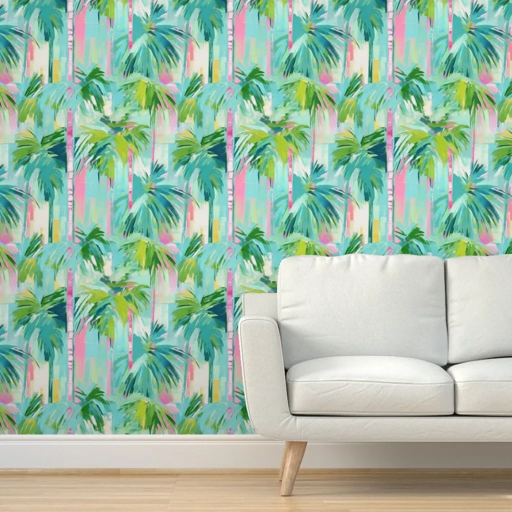 Tropical Palm Trees Oil Painting Peel and Stick Wallpaper - Teal product