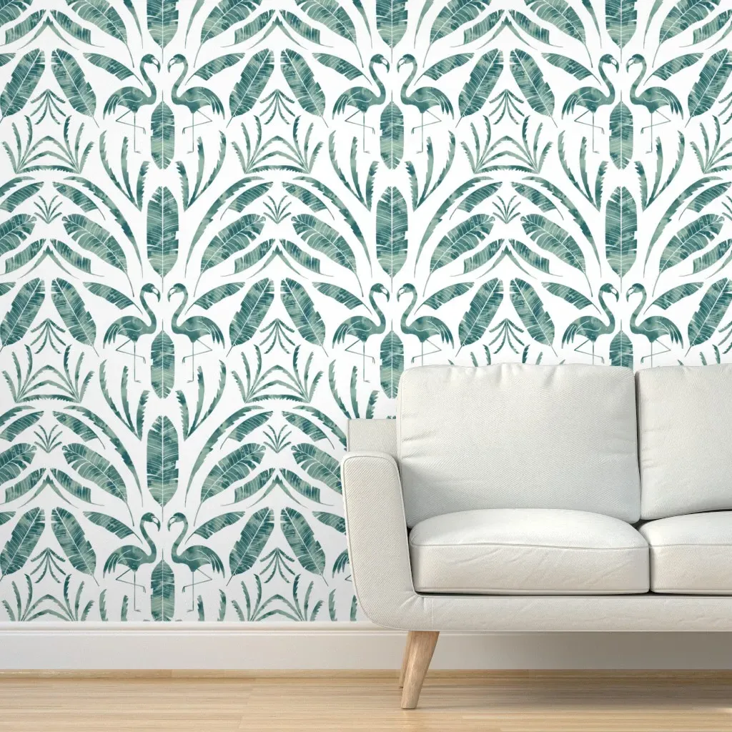 Tropical Palms and Flamingo Damask Peel and Stick Wallpaper - Teal product