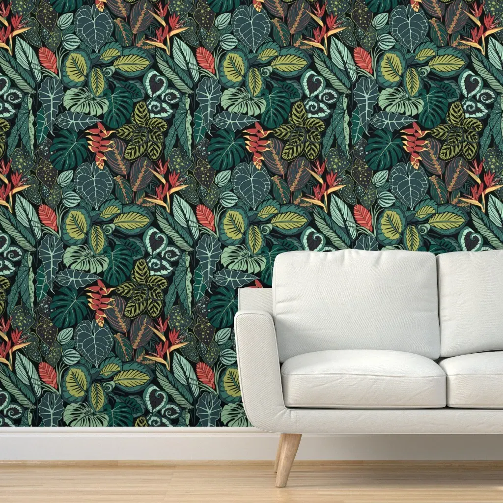 Tropical Rainforest Leaves Peel and Stick Wallpaper - Pink, Green product