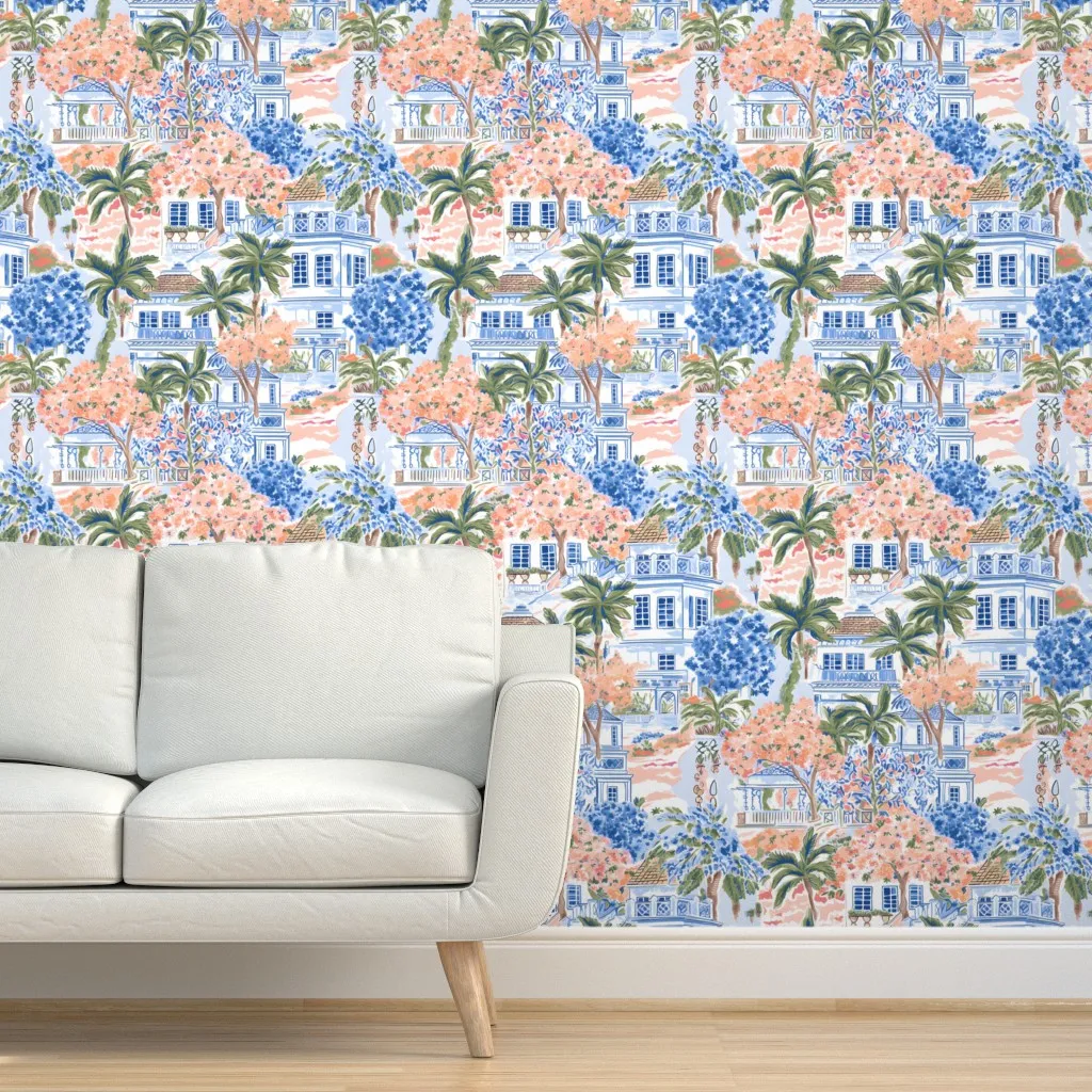 Tropical Terrace Peel and Stick Wallpaper - Coral/Blue on White product