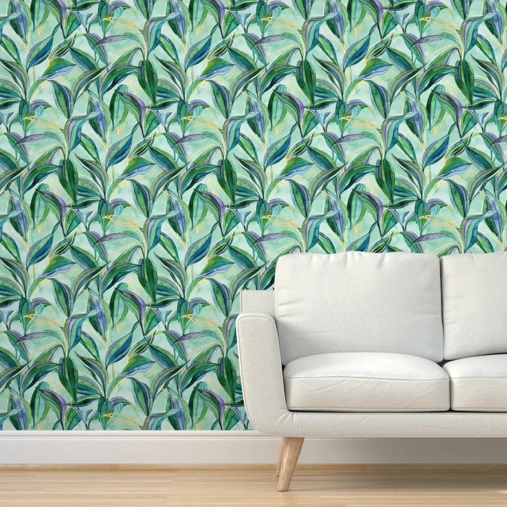 Tropical Watercolor Leaves & Lines Peel and Stick Wallpaper - Teal product