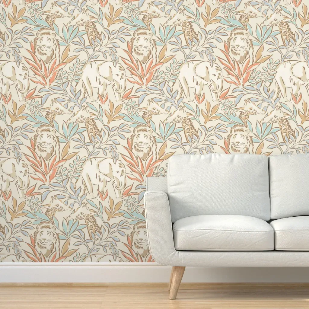 Tropical Wild Safari Animal Doodle Peel and Stick Wallpaper - Beige product