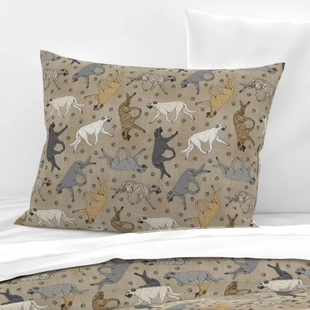 Trotting Irish Wolfhounds & Paw Prints Standard Pillow - Beige, Faux Linen Cotton Sateen product