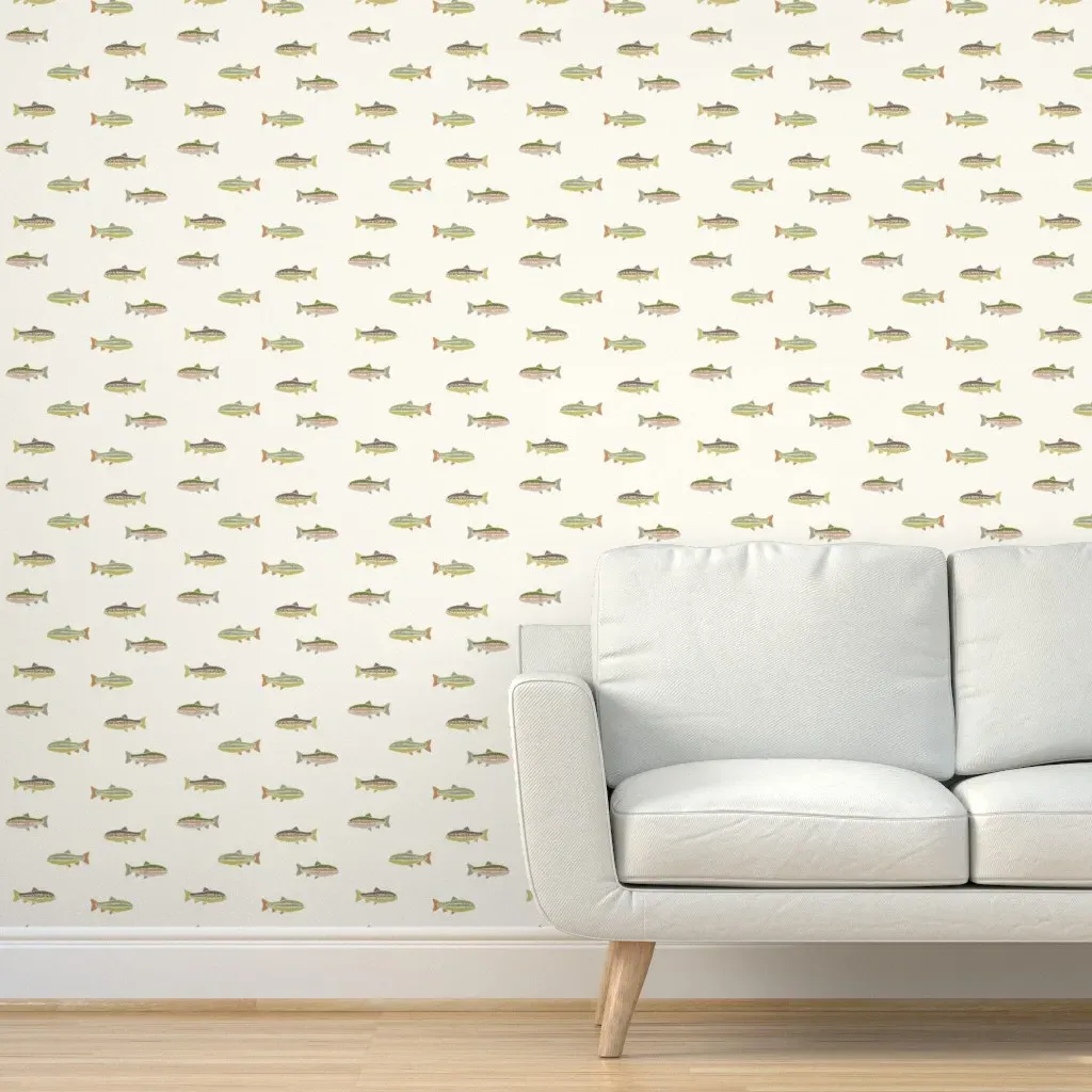 Trout Fishing Vintage Cabincore Peel and Stick Wallpaper - Off-White product
