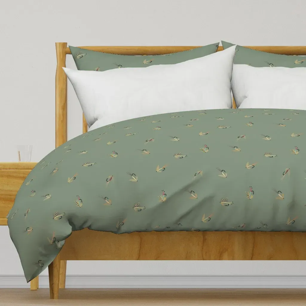 Trout Fly Fishing Lures Duvet Cover - Sage Green product