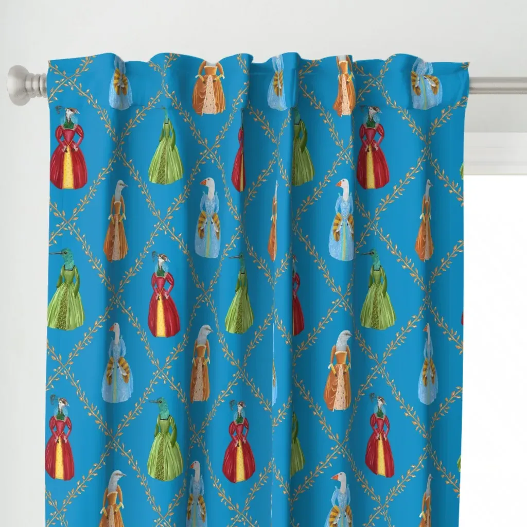 Tudor Birds Curtain Panel - Bright Blue alternate view