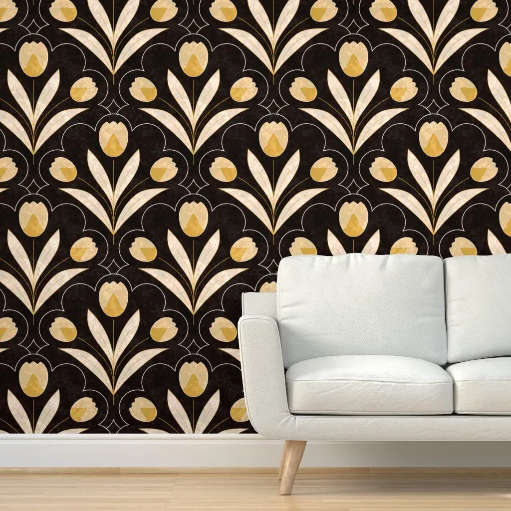 Tulip Bouquet Romantic Garden Scallop Peel and Stick Wallpaper - Gold product