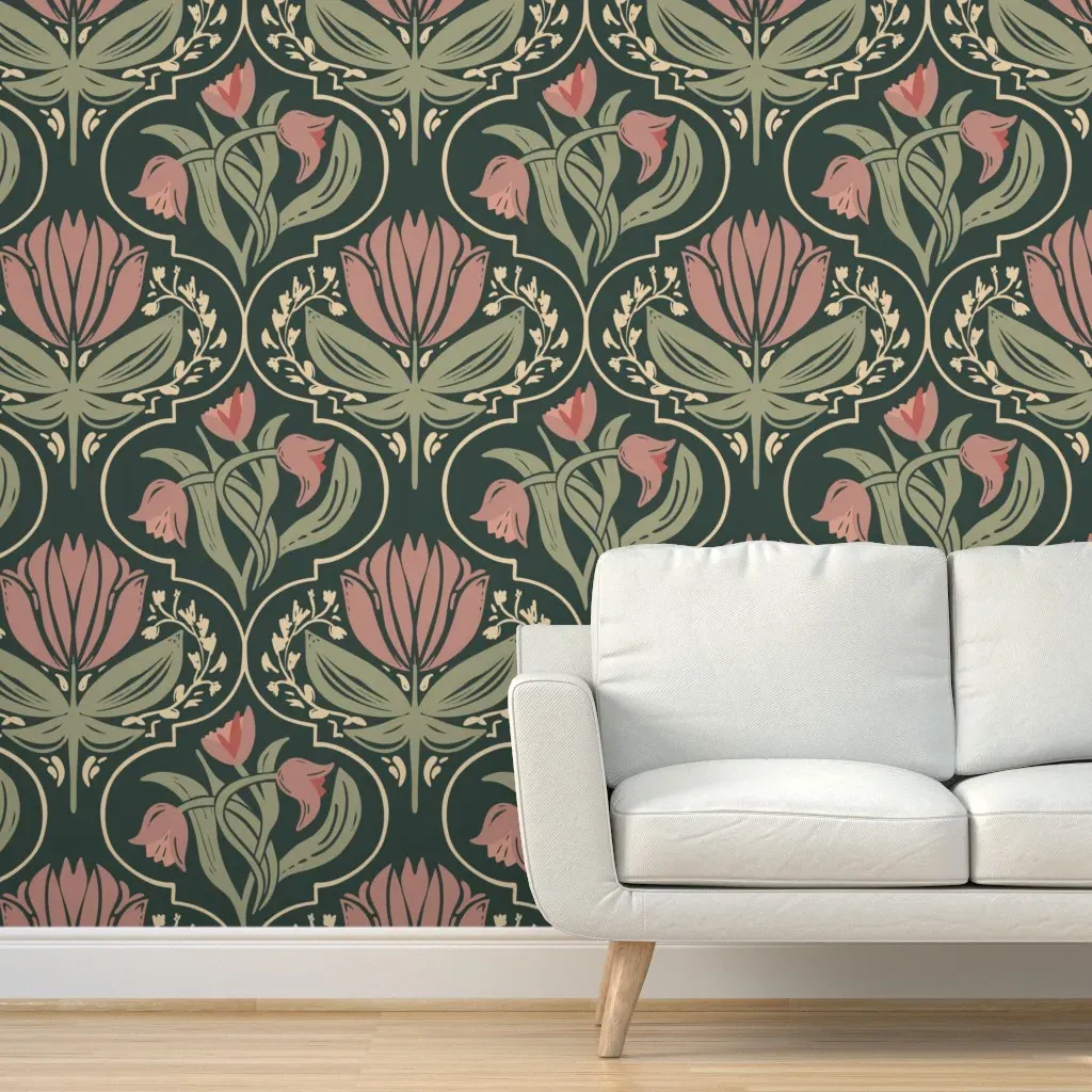 Tulips Retro Art Nouveau Ogee Peel and Stick Wallpaper - Rose product