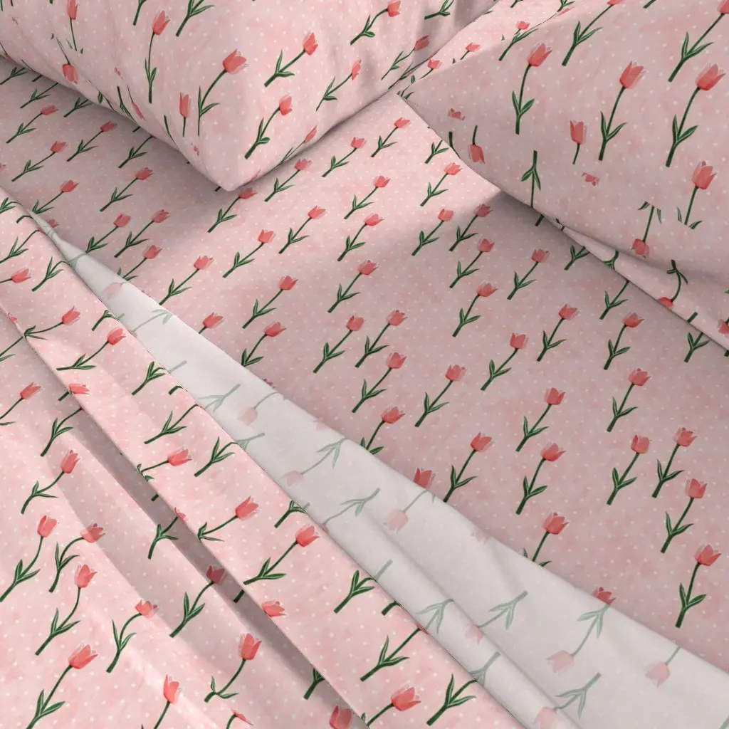 Tulips Spring Flowers Polka Dots King Sheet Set - Pink alternate view