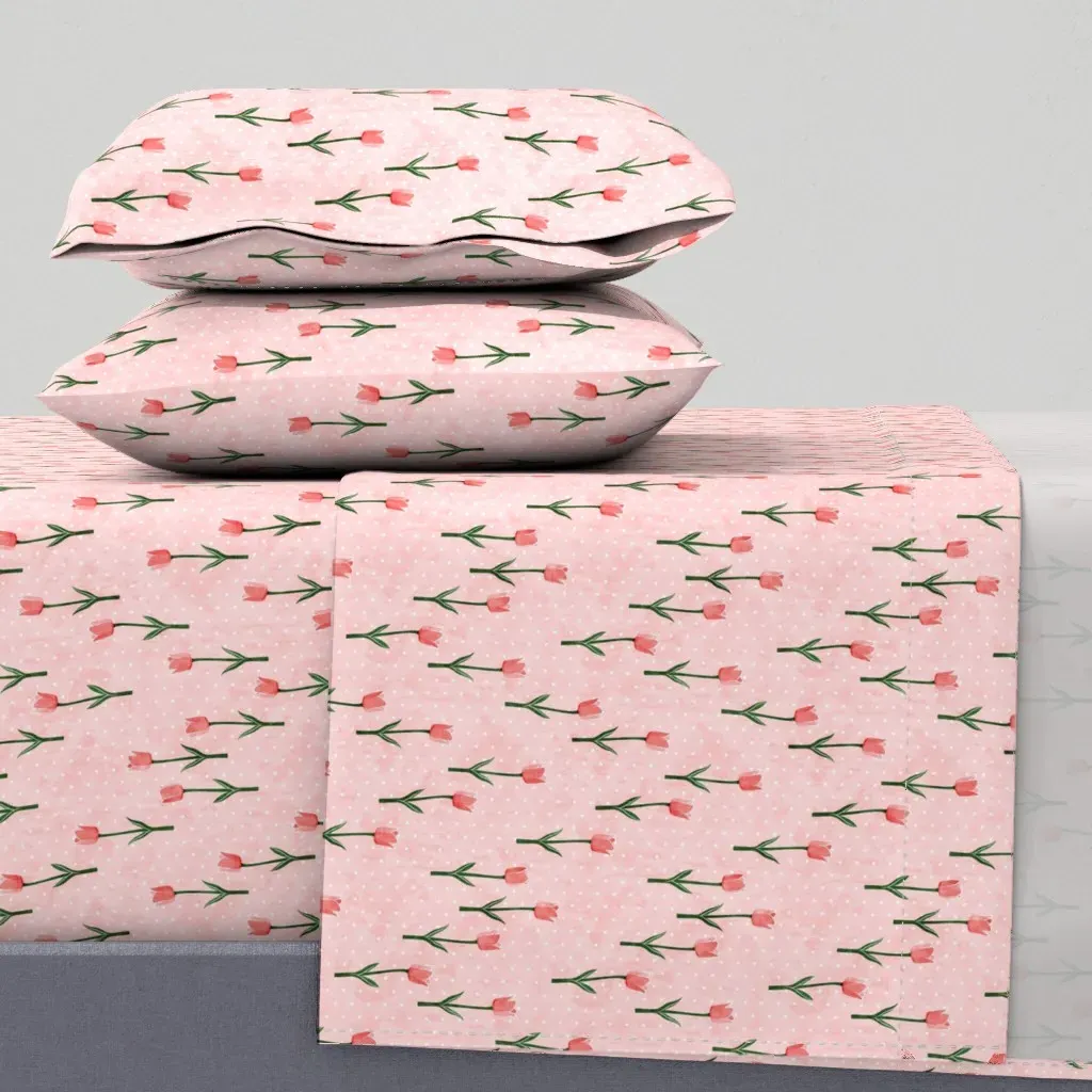 Tulips Spring Flowers Polka Dots King Sheet Set - Pink product