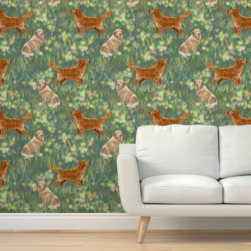 Two Golden Retrievers In A Field Peel and Stick Wallpaper - Golden Brown product