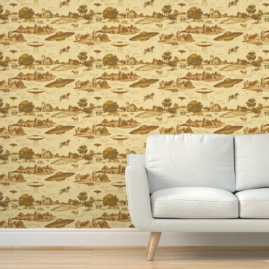 UFO Abduction Toile Farmland Peel and Stick Wallpaper - Brown product