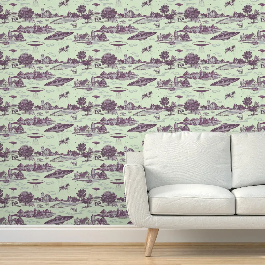 UFO Abduction Toile Farmland Peel and Stick Wallpaper - Purple product
