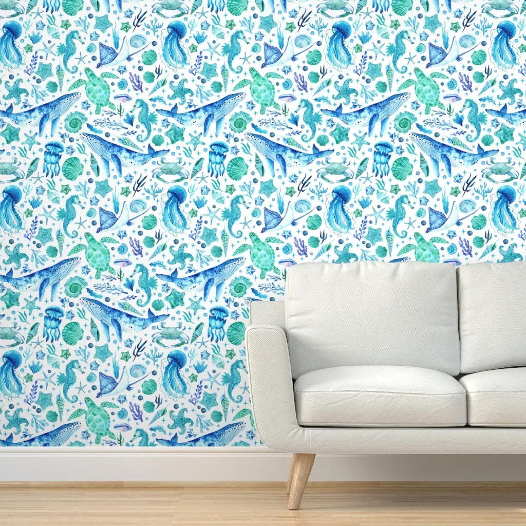 Under The Sea Ocean Animals Peel and Stick Wallpaper - Teal product