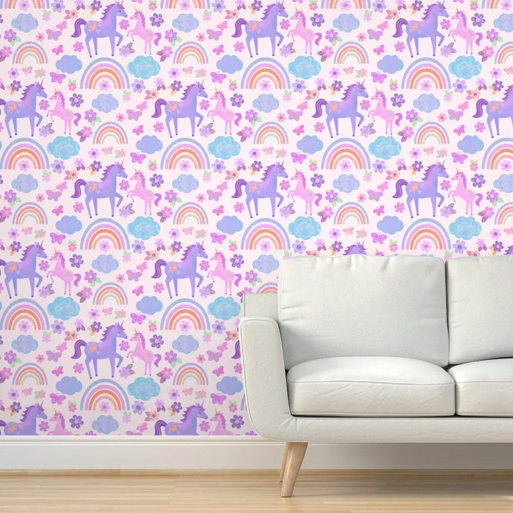Unicorn & Baby Unicorn Boho Rainbows Peel and Stick Wallpaper - Lavender product