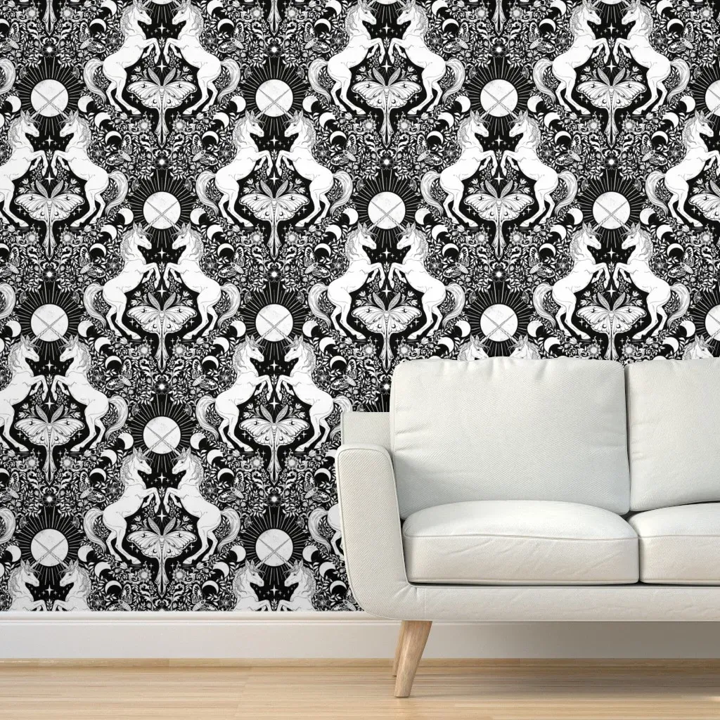 Unicorn Damask Peel and Stick Wallpaper - Black and White product