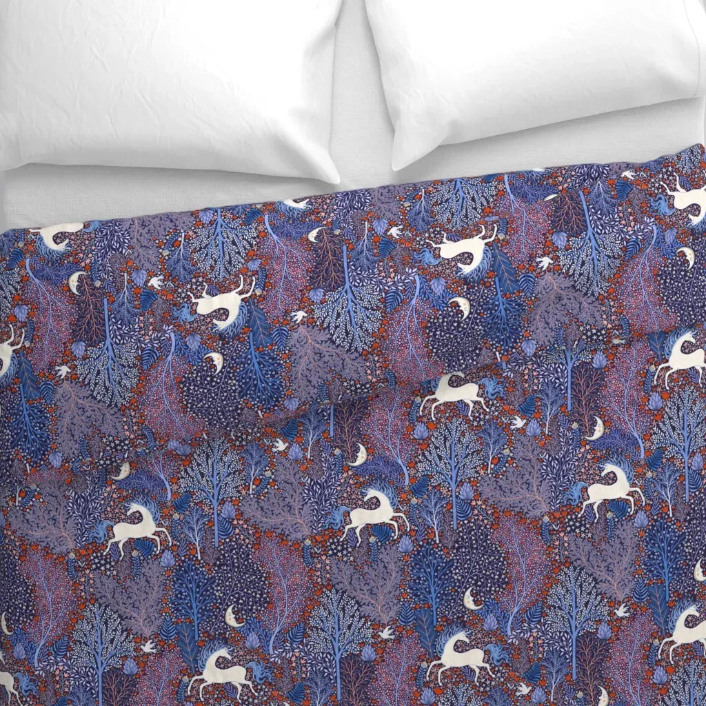 Unicorns In Nocturnal Forest Duvet Cover - Dark Blue alternate view