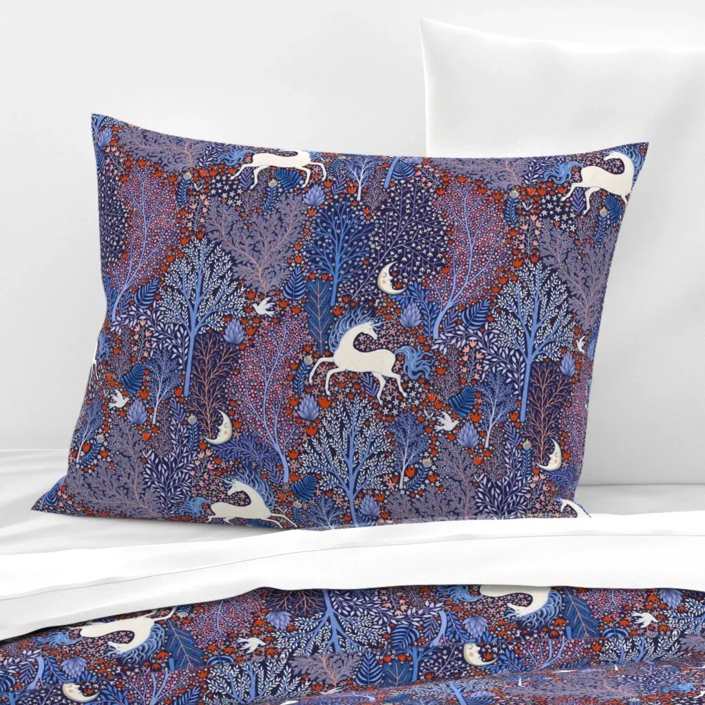 Unicorns In Nocturnal Forest Standard Cushion Cover - Dark Blue, Cotton Sateen product
