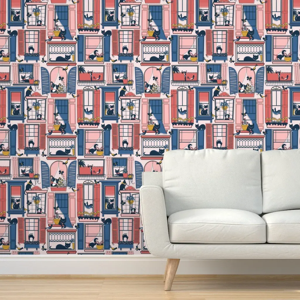 Urban Jungle Cat Peel and Stick Wallpaper - Pink, Blue, Red product