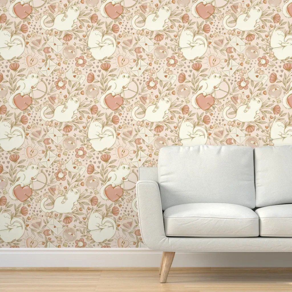 Valentine Cats Peel and Stick Wallpaper - Pink, Beige product