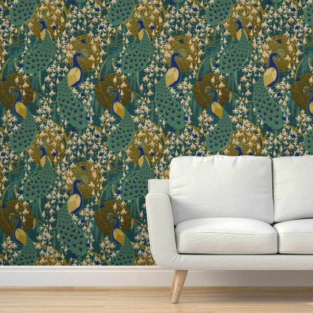 Verdigris Peacocks Peel and Stick Wallpaper - Teal product