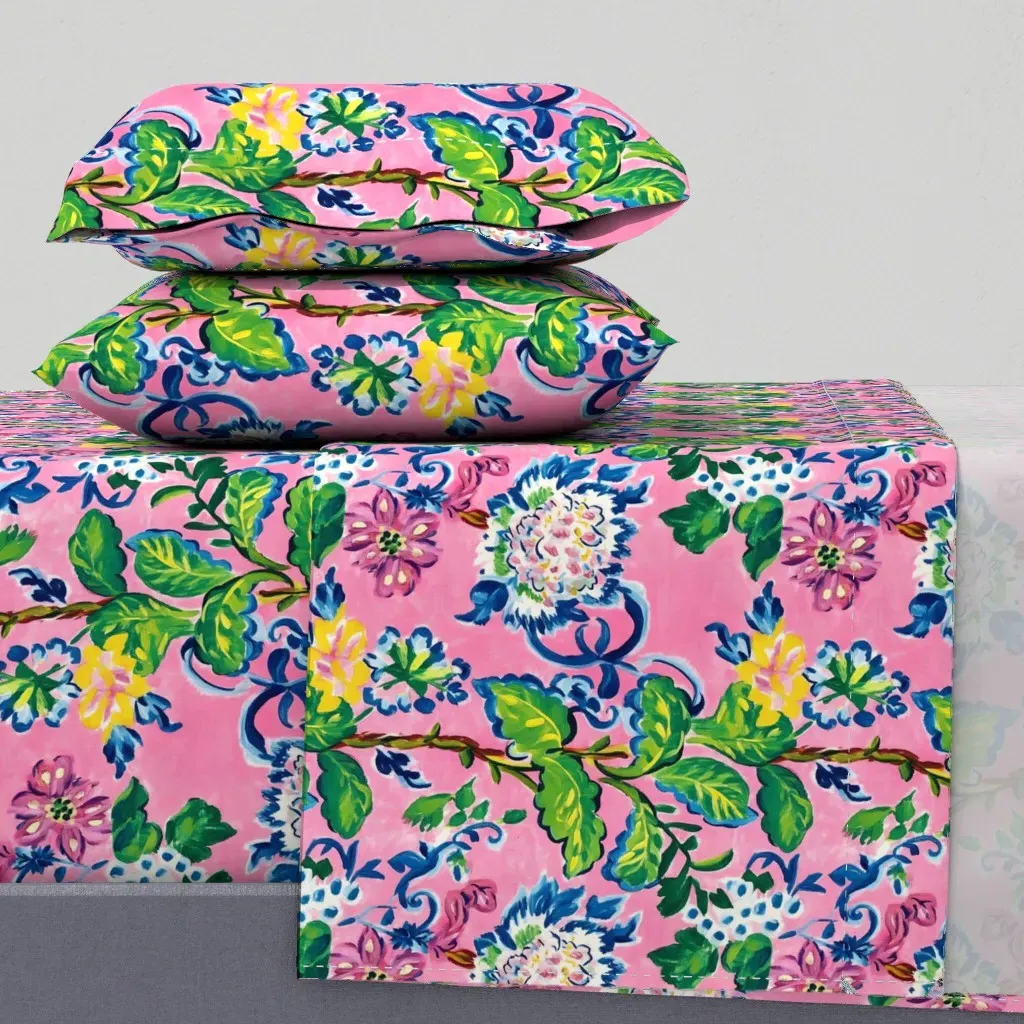 Vertical Climbing Flowers Chinoiserie Oil Painting Queen Sheet Set - Pink product