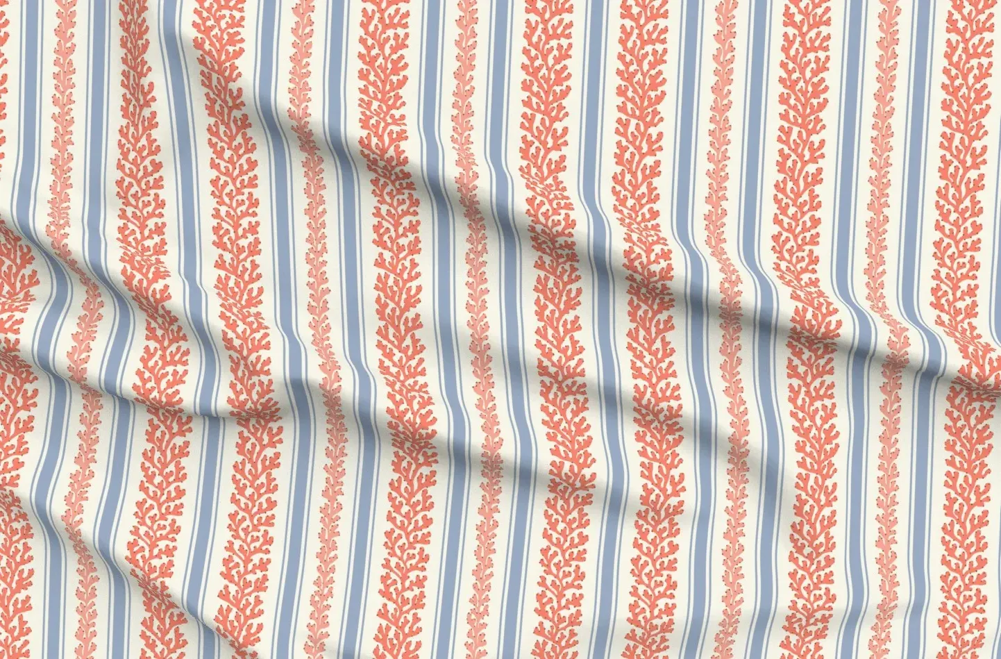 Vertical Coral Stripes Boho Coastal Vines Fabric - Offwhite, Pique product