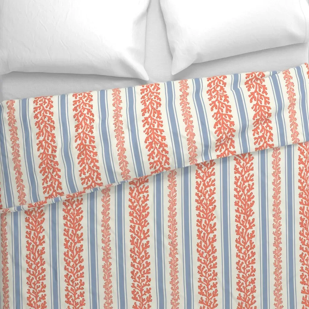 Vertical Coral Stripes Boho Duvet Cover - Coral alternate view