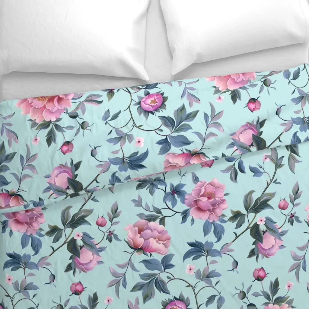 Vibrant Pastel Floral on Aqua Duvet Cover - Pink alternate view