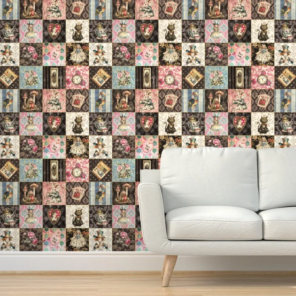 Victorian Alice In Wonderland Peel and Stick Wallpaper - Pink, Black product
