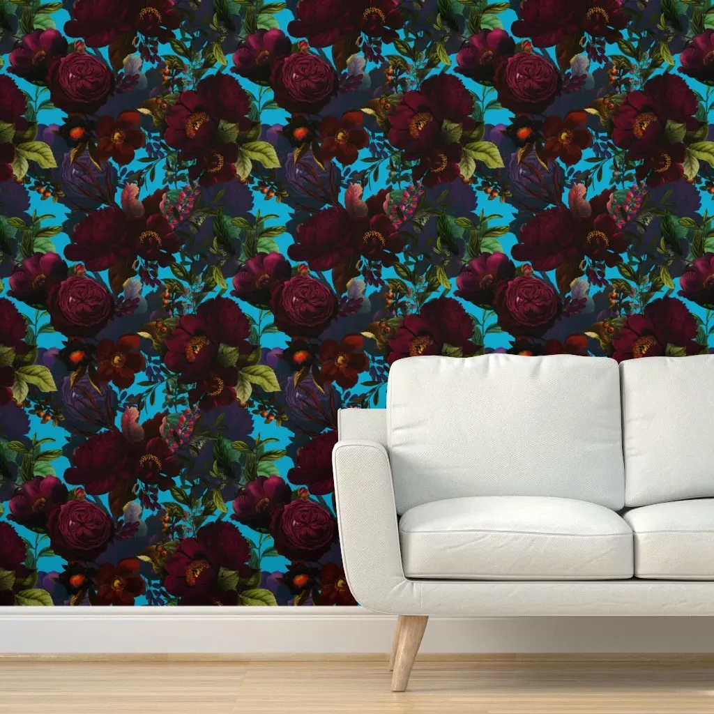 Victorian Baroque Peonies Peel and Stick Wallpaper - Dark Red product