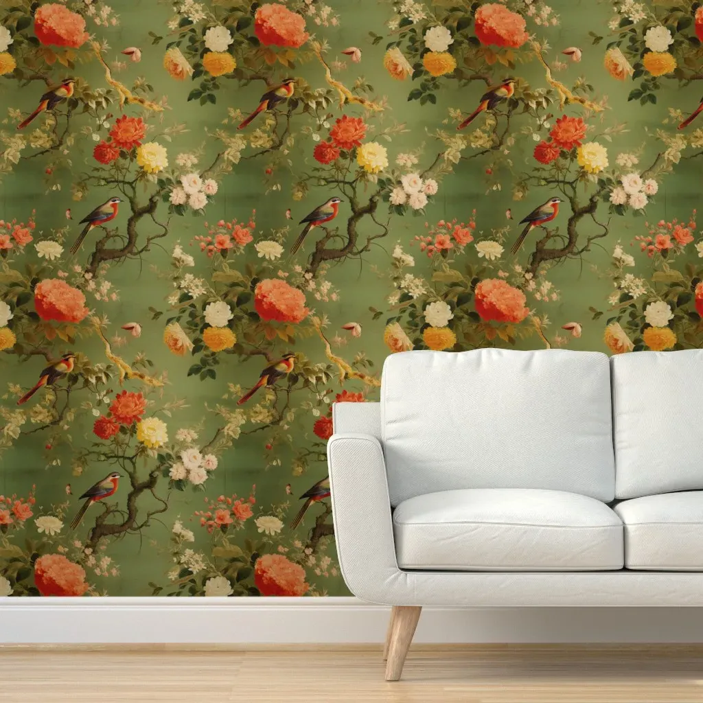 Victorian Birds Peel and Stick Wallpaper - Red Orange product