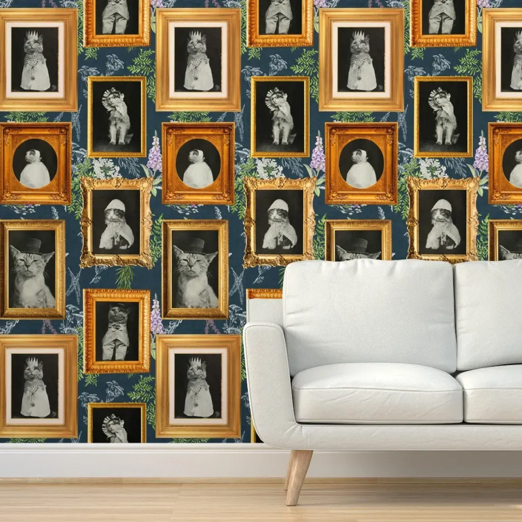 Victorian Cat Art Gallery Floral Peel and Stick Wallpaper - Gold product