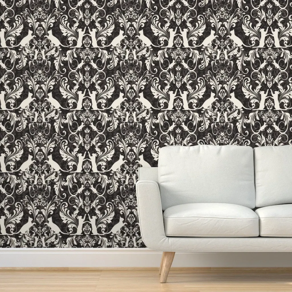 Victorian Cat Damask Peel and Stick Wallpaper - Off-White product