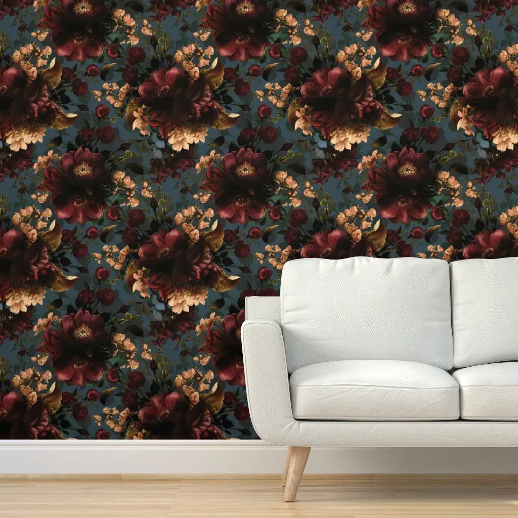 Victorian Dark Peonies Gothic Floral Peel and Stick Wallpaper - Brown, Orange, Green product