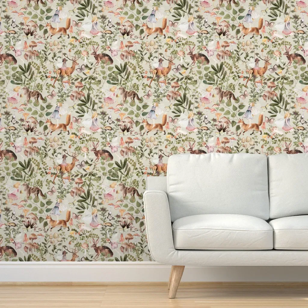 Victorian Fairies Mushroom Forest Peel and Stick Wallpaper - Sage Green product