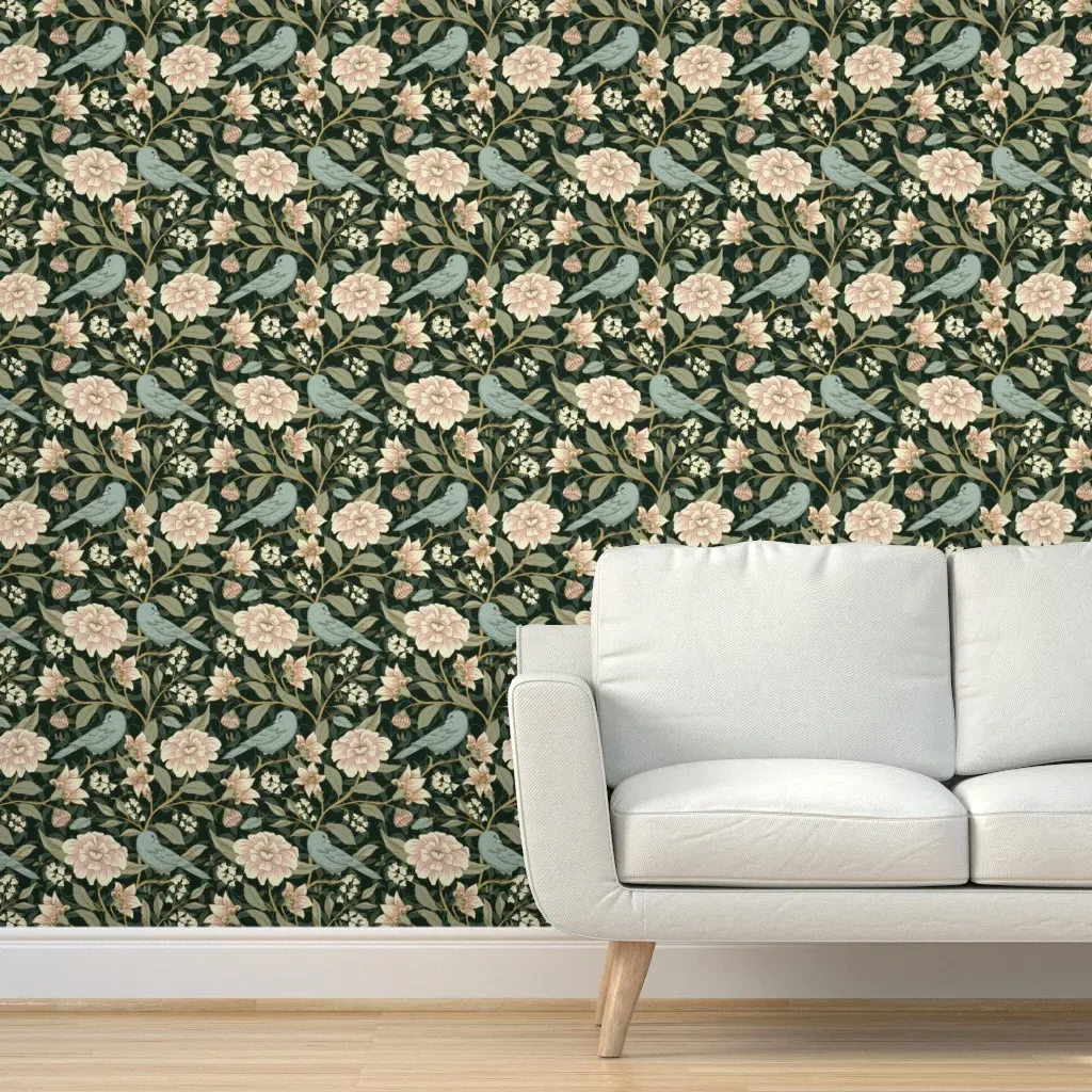 Victorian Floral Peel and Stick Wallpaper with Birds and Bees - Pink product