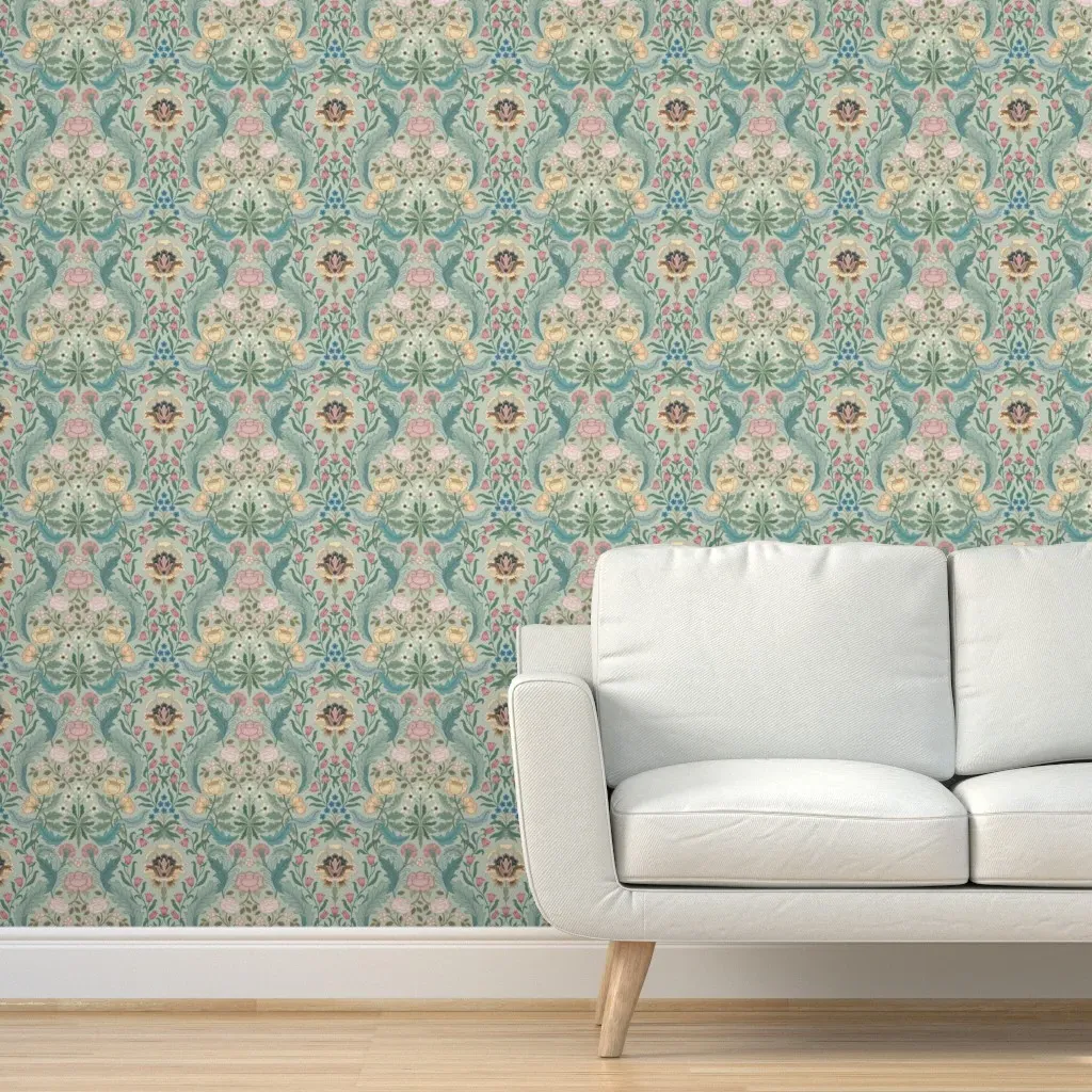 Victorian Floral Roses Carnations Peel and Stick Wallpaper - Pale Yellow product