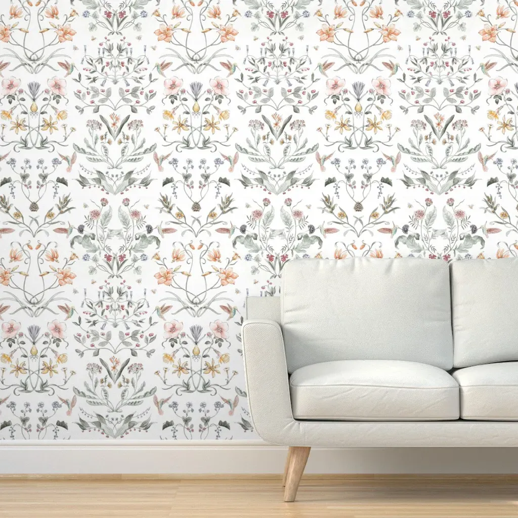 Victorian Painted Garden Watercolor Damask Peel and Stick Wallpaper - Peach product