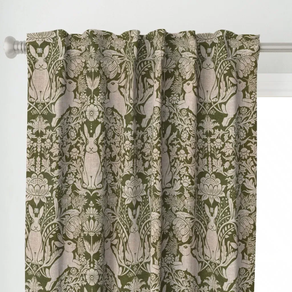 Victorian Rabbit Damask Curtain Panel - Olive Green alternate view