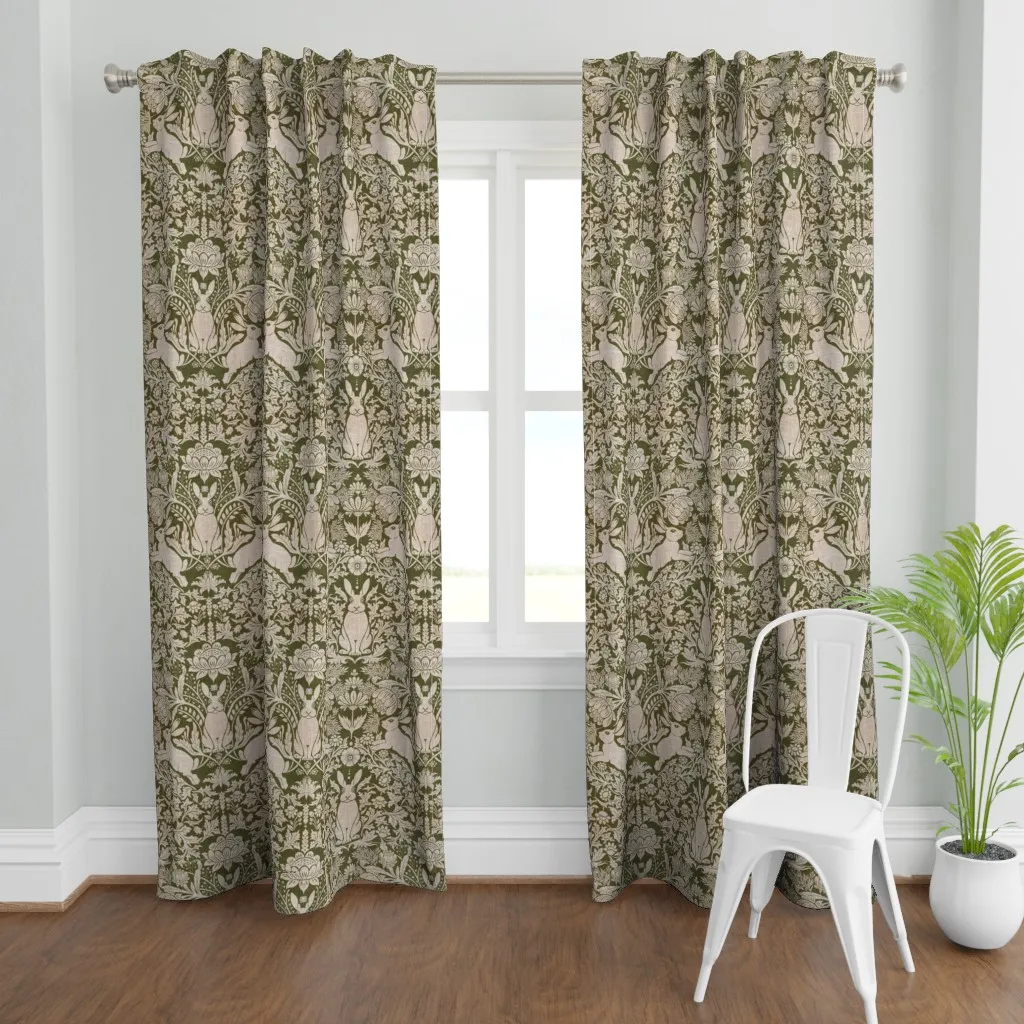 Victorian Rabbit Damask Curtain Panel - Olive Green product