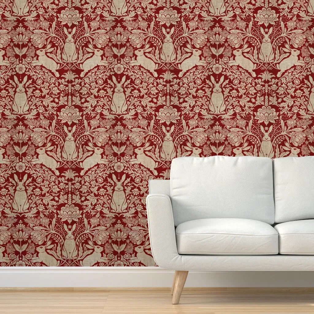 Victorian Rabbit Damask Peel and Stick Wallpaper - Burgundy Beige product