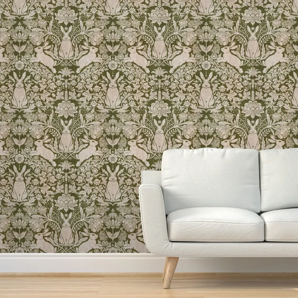 Victorian Rabbit Damask Peel and Stick Wallpaper - Olive Green product
