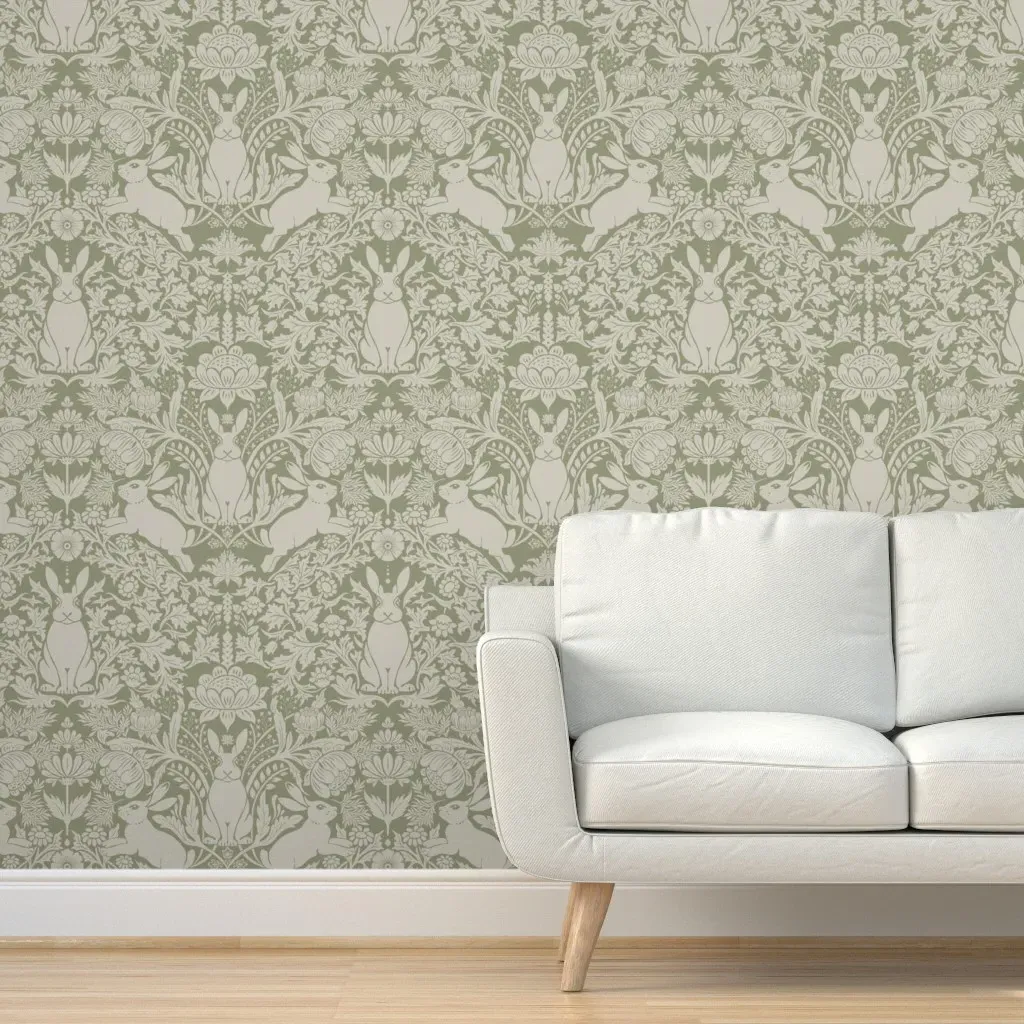 Victorian Rabbit Damask Peel and Stick Wallpaper - Sage Green product