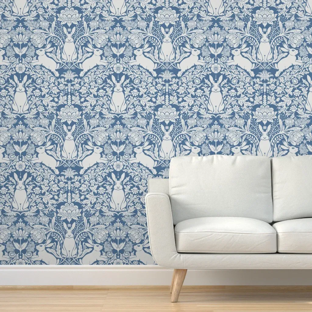 Victorian Rabbit Toile Peel and Stick Wallpaper - Dusty Steel Blue product