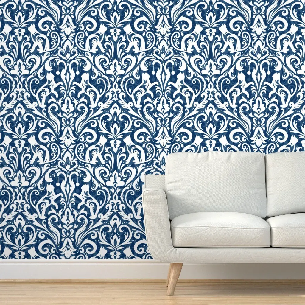 Victorian Whimsical Cat Damask Peel and Stick Wallpaper - Navy product