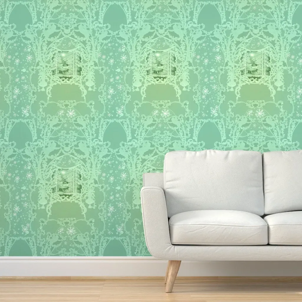 Victorian Winter Sleigh Ride Peel and Stick Wallpaper - Sage Green product