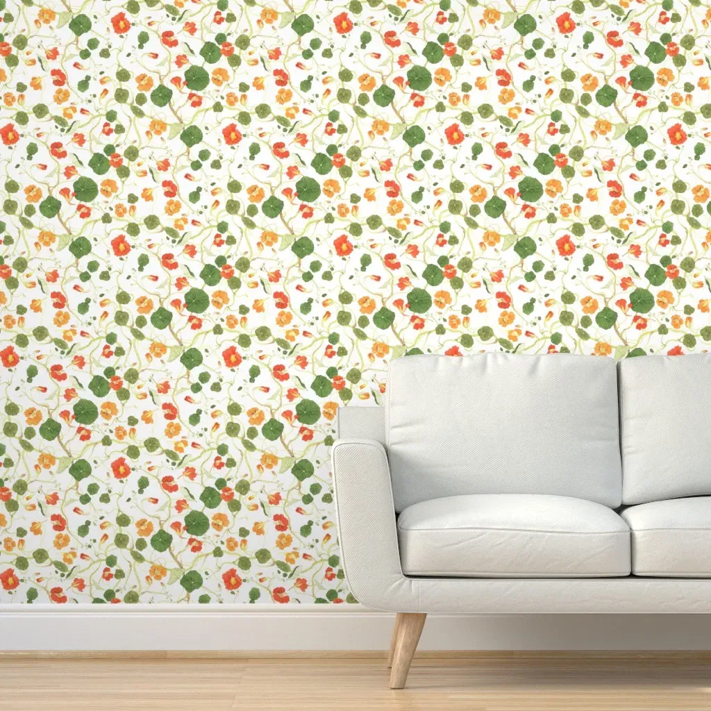 Vining Nasturtiums Watercolor Peel and Stick Wallpaper - Brown, Green product