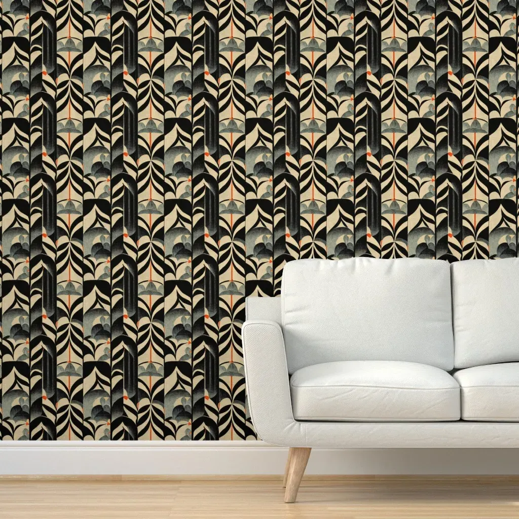 Vintage 1920s Art Deco Fancy Leaf Peel and Stick Wallpaper - Black product