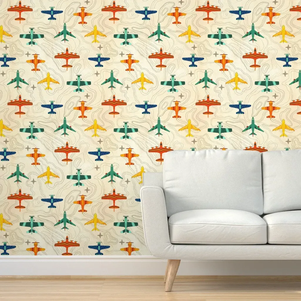 Vintage Airplanes and Cartography Peel and Stick Wallpaper - Beige product